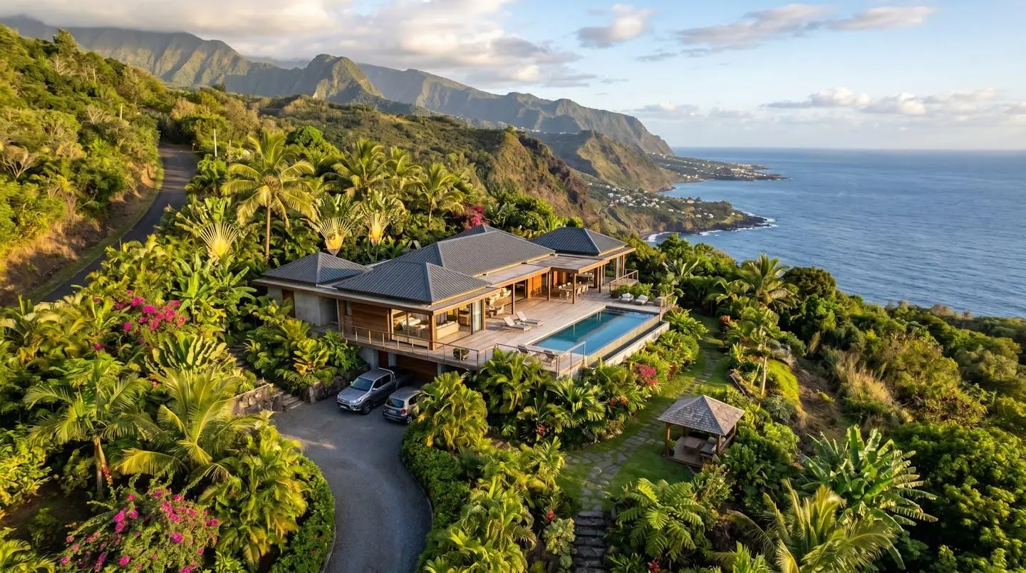 Vue d'une villa contemporaine avec jardin tropical dans le Sud de La Réunion, entourée de végétation luxuriante