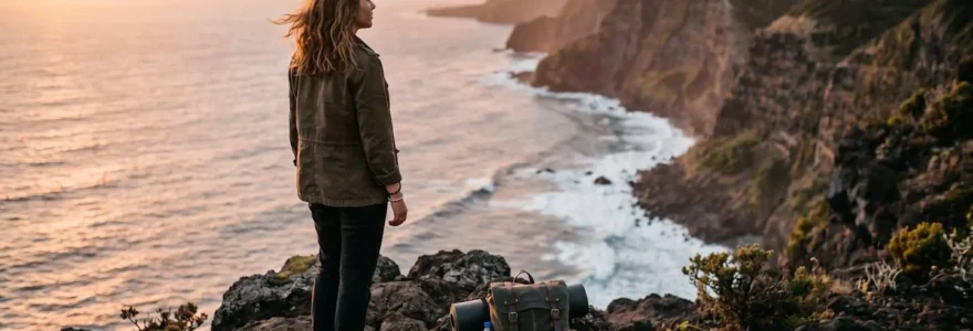 Personne debout face à l'horizon océanique de La Réunion, regard vers l'île, valise posée sur le sol