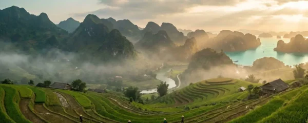 Vue panoramique des rizières de Sapa avec la montagne et la côte vietnamienne en arrière-plan