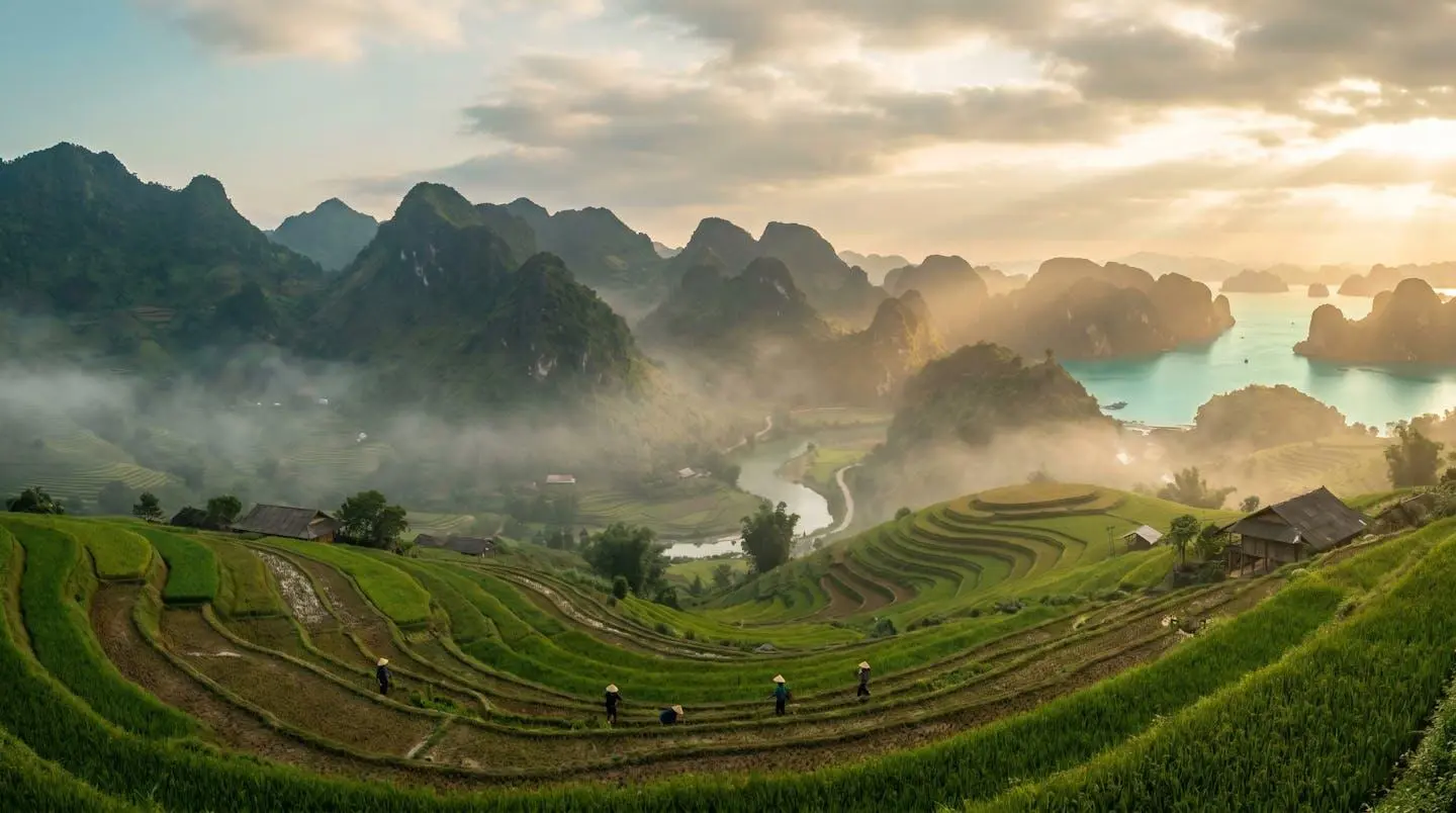Vue panoramique des rizières de Sapa avec la montagne et la côte vietnamienne en arrière-plan